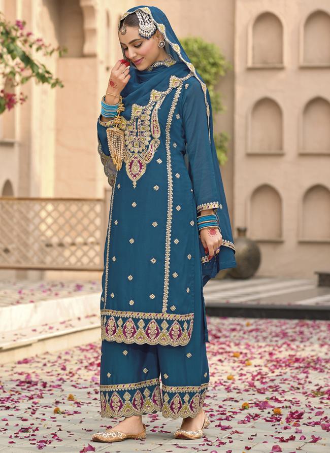 Chinnon Blue Wedding Wear Zari Work Readymade Straight Suit